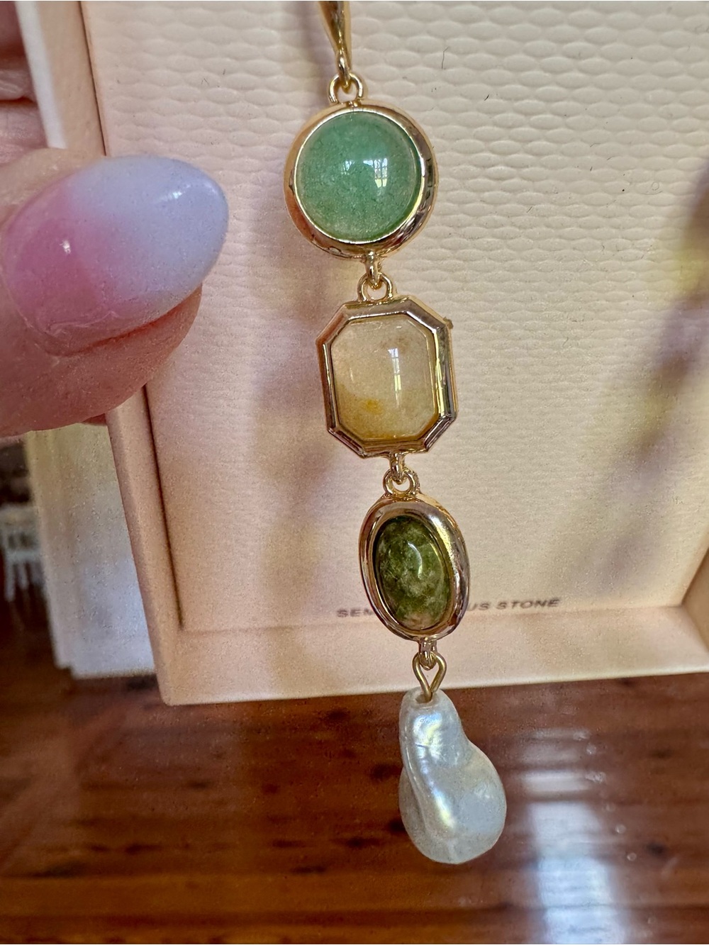Camila Coelho Green and Gold Multi-Stone Drop Earrings with Pearl